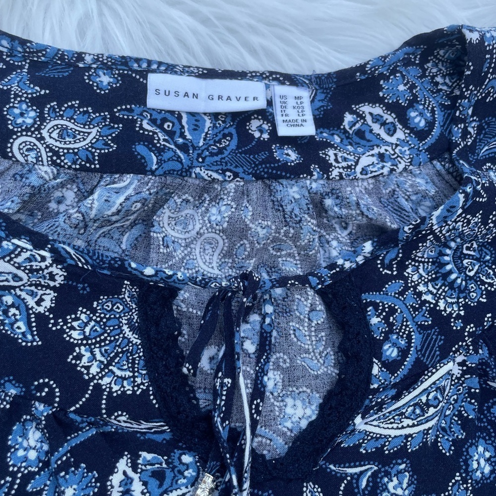 Susan Graver Womens Floral Woven Tie Neck Peasant Tunic Top - Size Med. petite - Picture 6 of 12